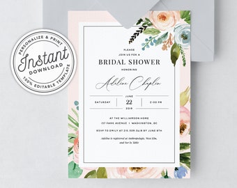 Blush Pink & Pastel Floral Garden Bridal Shower Invitation • INSTANT DOWNLOAD • Printable, Editable Template