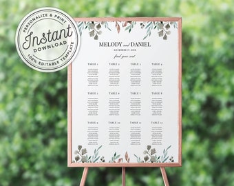 Bohemian Wreath with Copper Leaves & Greenery Wedding Seating Chart (18x24, 24x36, A2, A1) • INSTANT DOWNLOAD • Editable Template #086