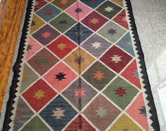 Alfombra de yute de lana – Alfombra Kilim tejida a mano, Alfombra de diamantes multicolor, Alfombra Kilim vintage, Alfombra nativa peruana Alfombra Kilim india para sala de estar