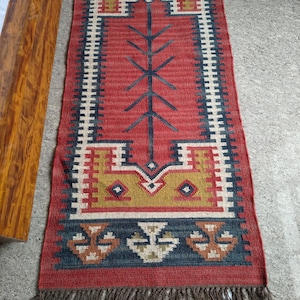 Handwoven Wool Jute Kilim Runner Rug, Geometric Design
