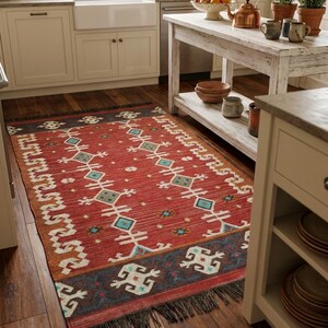 Puede incluir: Una alfombra rectangular con una base de color rojo intenso y un patr&oacute;n geom&eacute;trico repetitivo en blanco, turquesa y azul oscuro. La alfombra tiene un borde ancho con motivos intrincados y flecos oscuros en los extremos cortos sobre un suelo de madera.