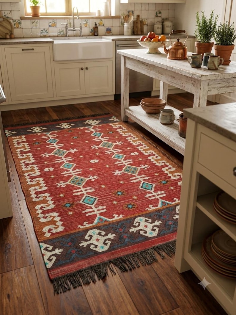 Puede incluir: Una alfombra rectangular con una base de color rojo intenso y un patr&oacute;n geom&eacute;trico repetitivo en blanco, turquesa y azul oscuro. La alfombra tiene un borde ancho con motivos intrincados y flecos oscuros en los extremos cortos sobre un suelo de madera.