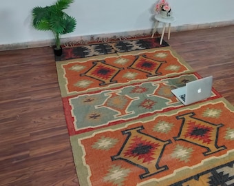 Peruvian Wool Jute Area Rug - Vintage Kilim Motif Pattern - Handmade Flatweave Indian Fusion Dhurrie - Southwestern Native Navajo Jaipur Rug