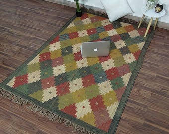 Multicolor Kilim Rug: Boho Southwestern Navajo Dhurrie - Geometric Vintage Wool Jute Area Rug Custom