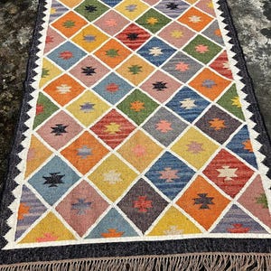 Tapete kilim de lã feito à mão, área kilim, tecido plano, navajo, tecido à mão, grande, boho, sala de estar, área externa, decorativo