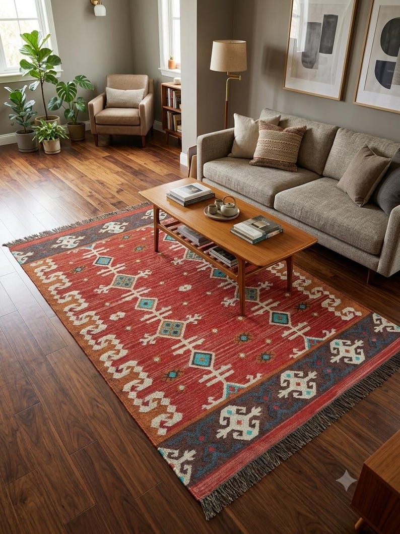 Puede incluir: Una alfombra rectangular con una base de color rojo vibrante y patrones geom&eacute;tricos intrincados en tonos azul, blanco y naranja. La alfombra incluye un borde azul oscuro con motivos blancos y est&aacute; rematada con flecos en los bordes cortos.
