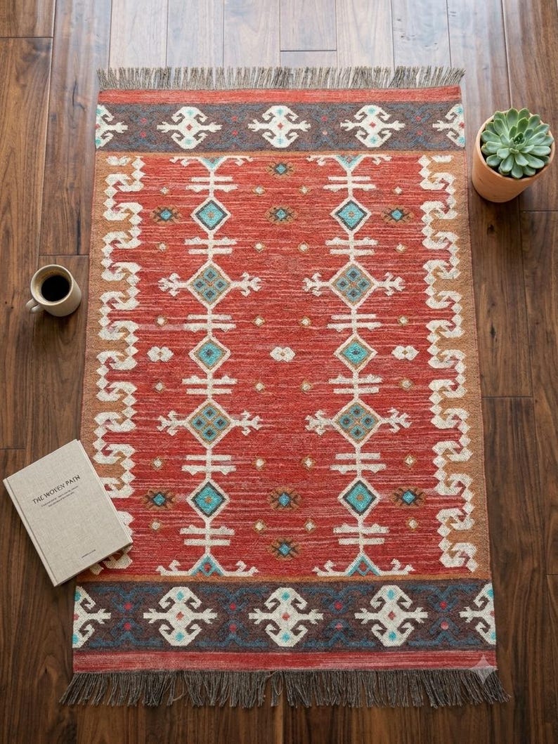 Puede incluir: Una alfombra rectangular con una base de color rojo vibrante y un patr&oacute;n geom&eacute;trico en blanco, turquesa y gris oscuro. La alfombra incluye un motivo de diamantes repetitivo, un borde ancho con s&iacute;mbolos estilizados y flecos grises en los extremos.