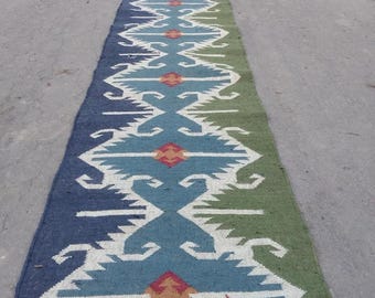 Handwoven Wool Jute Kilim Runner Rug: Vintage Geometric Boho Design