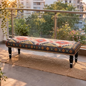 Panca imbottita, mobili fatti a mano, panca poggiapiedi, panca con tappeto Kilim, panca ottoman, panca azteca, arredamento rustico, panca poggiapiedi