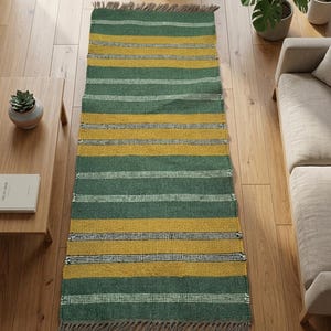 May include: A rectangular area rug featuring horizontal stripes in alternating shades of forest green and mustard yellow, accented by thin white and black textured bands. The rug is finished with frayed fringe detailing along both short ends.