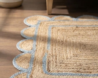 Alfombra de yute con borde azul, alfombra trenzada natural tejida a mano, alfombra de guardería costera.