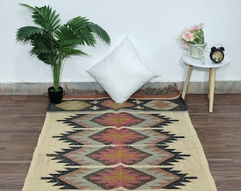 Handmade Wool Jute Kilim Rug, Traditional Indian Design