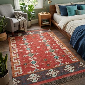 May include: A rectangular area rug featuring a vibrant red base with intricate geometric patterns in shades of teal, white, and dark blue. The rug has a wide dark border with repeating motifs and is finished with short, dark fringe along the edges.