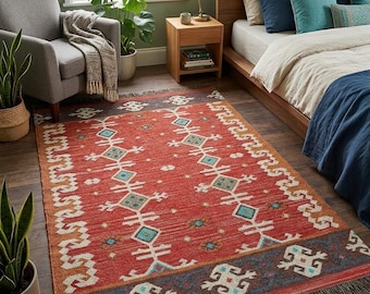 Handwoven  Kilim Rug – Rustic Southwestern Boho Area Rug, Red Geometric Tribal Dhurrie, Earthy Sustainable Home Decor, Fringe Accent Rug