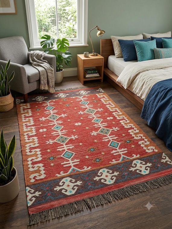Handwoven  Kilim Rug – Rustic Southwestern Boho Area Rug, Red Geometric Tribal Dhurrie, Earthy Sustainable Home Decor, Fringe Accent Rug