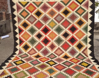 Handwoven Wool Jute Kilim Rug: Traditional Southwestern Indian Dhurrie