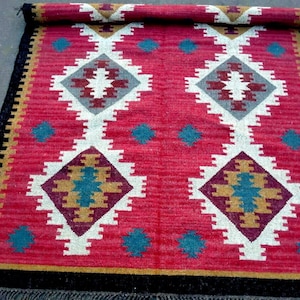 Kelim Teppich Peru - Handgefertigt Wolle Jute Flachgewebe Dhurrie - Südwestlichen Azteken Motiv, Sondergrößen Jaipur Teppich