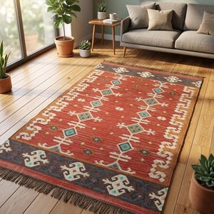 Puede incluir: Una alfombra rectangular con una base de color rojo terracota y un patr&oacute;n geom&eacute;trico repetitivo en blanco, azul turquesa y azul oscuro. La alfombra tiene un borde azul oscuro con motivos blancos y flecos cortos de color marr&oacute;n oscuro en los extremos.