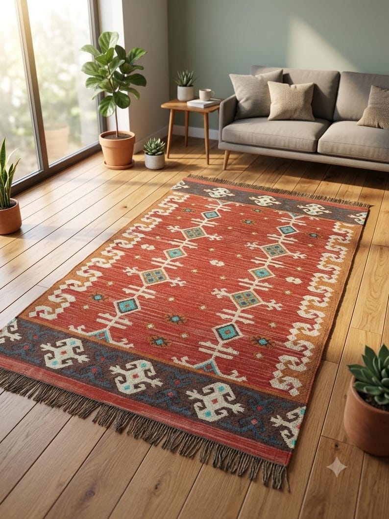 Puede incluir: Una alfombra rectangular con una base de color rojo terracota y un patr&oacute;n geom&eacute;trico repetitivo en blanco, azul turquesa y azul oscuro. La alfombra tiene un borde azul oscuro con motivos blancos y flecos cortos de color marr&oacute;n oscuro en los extremos.