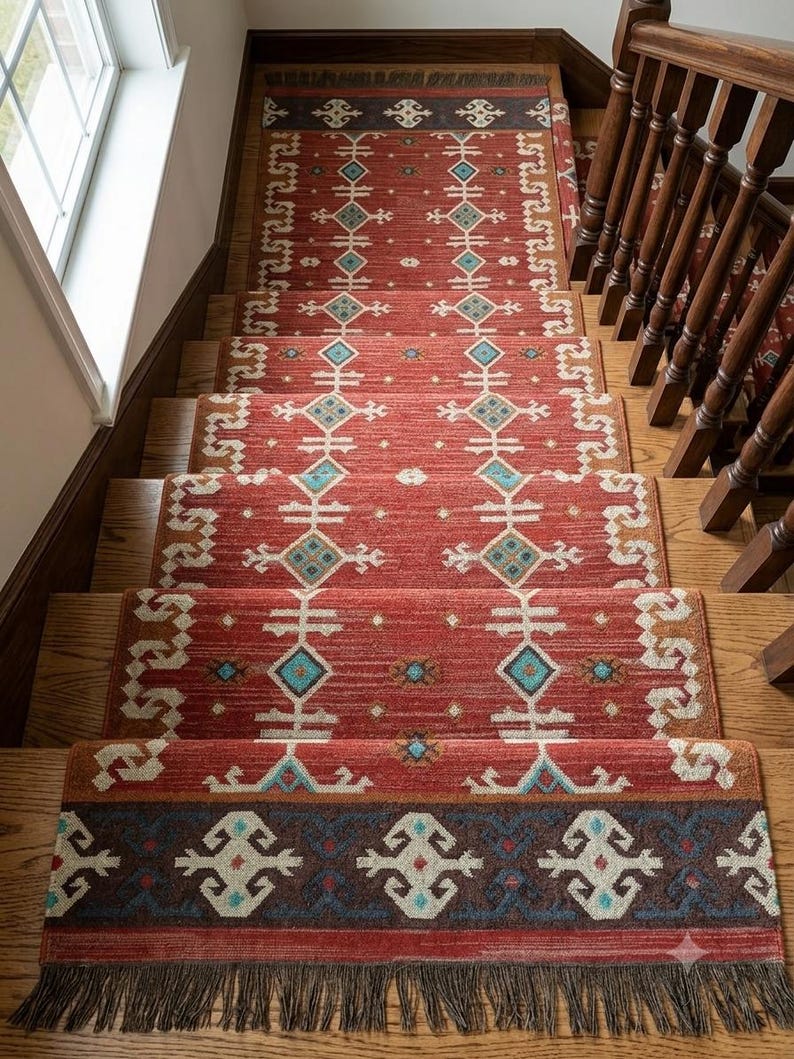 Puede incluir: Una alfombra larga y rectangular para escaleras en tono rojo intenso, con un patr&oacute;n repetitivo de formas geom&eacute;tricas de diamante en blanco y turquesa. Incluye un borde marr&oacute;n oscuro con motivos blancos y flecos en el extremo inferior.