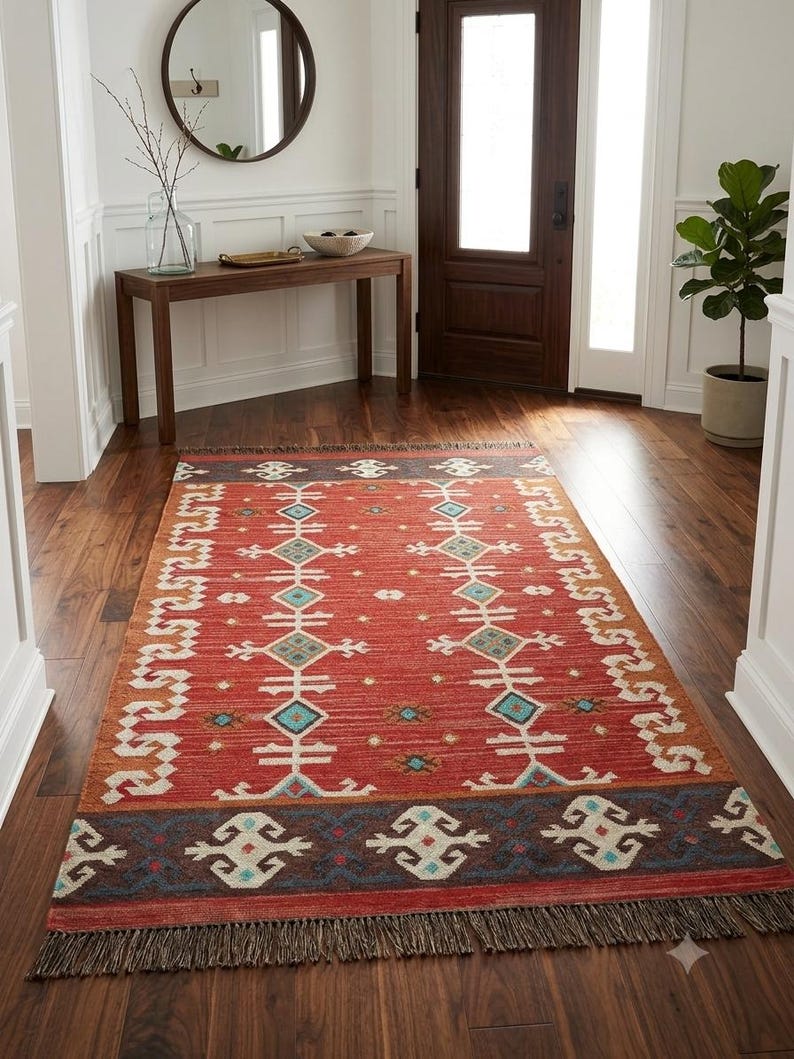 Puede incluir: Una alfombra rectangular con una base de color rojo vibrante y patrones geom&eacute;tricos intrincados en turquesa, blanco y naranja. La alfombra incluye un borde azul oscuro con motivos blancos repetitivos y flecos oscuros en los bordes cortos.