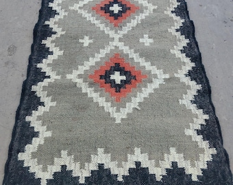 Handwoven Wool Jute Kilim Stair Runner: Vintage Boho Rug