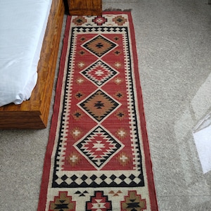Handmade Kilim Stair Runner: Jute Hallway Rug, Oriental Geometric Design