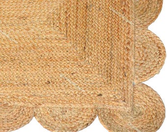 Hand Braided Jute Scalloped Rug: Bohemian Natural Fiber Area Rug