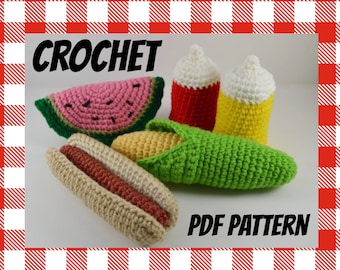 May include: Crocheted food items including a watermelon slice, hot dog, corn on the cob, and two beverages. The watermelon is pink with a green rind. The hot dog has a tan bun and a brown filling. The corn is yellow and green. The text "CROCHET PDF PATTERN" is displayed.