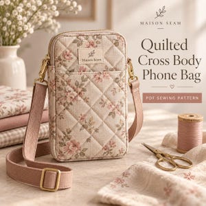 Pode incluir: Uma bolsa tiracolo acolchoada para telemóvel em tecido bege com padrão floral rosa, fecho dourado e alça ajustável rosa a condizer. Uma etiqueta mostra Maison Seam. O texto Quilted Cross Body Phone Bag PDF Sewing Pattern é visível.
