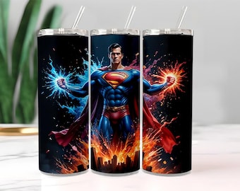 Superman-beker 20 oz skinny, blauw pak rode cape held energiebliksem, geïsoleerde reisbeker met rietje, stripcadeau