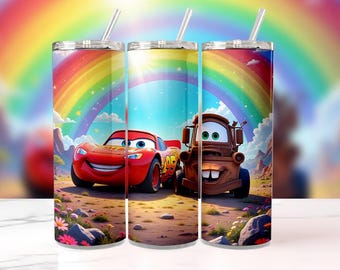 Lightning McQueen & Mater 20oz smalle beker met rietje | Disney Cars regenboogbeker | Pixar-cadeau | Roestvrijstalen reismok voor kinderen