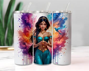 Blue Gown Princess 20oz Tumbler Wrap PNG | Fantasy Princess Sublimation Design | Colorful Paint Splash Cup Wrap