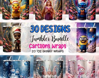 30 Cartoon Tumbler Wraps Bündel | 20 Unzen Skinny Sublimations Designs (PNG)