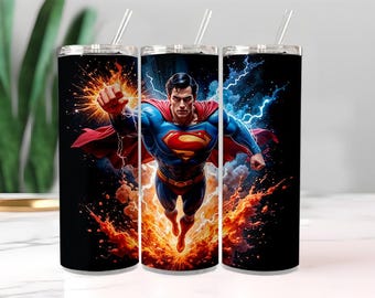 Superman-beker 20oz, blauw pak rode cape superman Lightning-achtergrond, magere geïsoleerde mok met rietje, cadeau voor hem