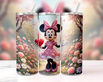 Minnie Mouse Floral Tumbler | 20oz Pink Cartoon Cup with Lid & Straw