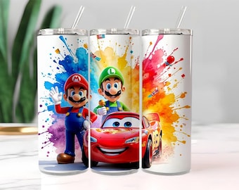 Videogame loodgieter raceauto 20 oz magere beker, cartoon gamer, geïsoleerde mok met rietje