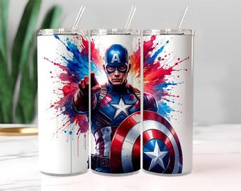 Captain America Tumbler Wrap | Patriotic Paint Splash Sublimation PNG (Digital Download)