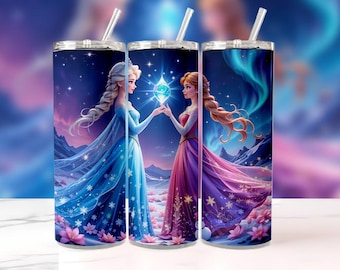 Adesivo para copo térmico Frozen PNG | Design de sublimação em aquarela da Elsa e da Anna (Download digital)
