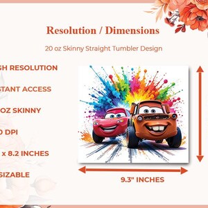 May include: A colorful design for a 20 oz skinny straight tumbler. The design features two cartoon cars with a vibrant splash of colors in the background. The dimensions are 9.8 x 8.2 inches.