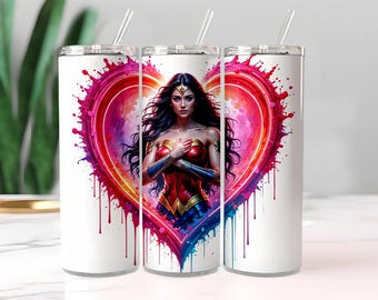 Tumbler wrap vrouwelijke superheld 20oz | Hart verfspatten stripkunst | Sublimatie png digitale download cadeau voor haar