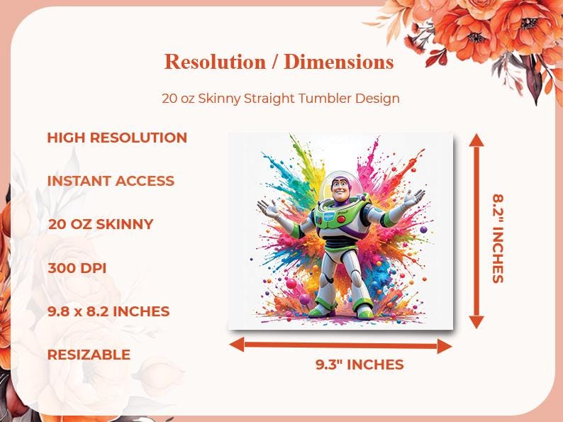 Puede incluir: Dise&ntilde;o digital para un vaso recto delgado de 20 oz. El dise&ntilde;o presenta un personaje de dibujos animados con un traje espacial con los brazos extendidos sobre un fondo de salpicaduras coloridas. Las dimensiones son 24,89 x 20,83 cm.