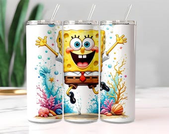 Envoltura de vaso de esponja amarilla de 20 oz PNG / Diseño de dibujos animados de coral submarino / Descarga digital de sublimación para niños