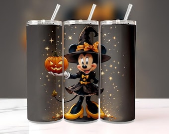Disney Halloween Skinny Tumbler – Minnie Mouse Witch Pumpkin Cup with Straw, Stainless Steel Insulated Fall Gift for Kids & Adults
