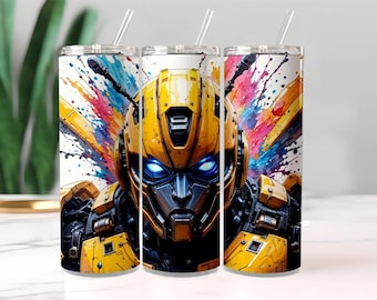 Yellow Robot Hero Tumbler Wrap 20oz | Colorful Paint Splash Sublimation PNG | Robot Fantasy Design | Kids Boys Gift