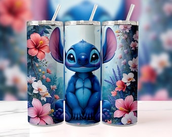 Blue Stitch Floral Tumbler Wrap | 20oz Skinny Sublimation Design (PNG)