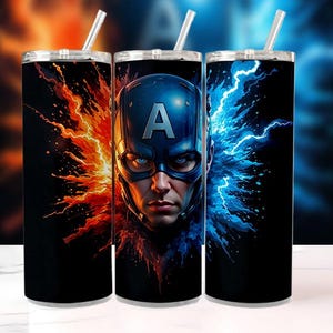 Patriotic Hero Tumbler 20oz Skinny, Blue Mask Superhero Fire vs Ice Split Design, Insulated Cup with Straw, Comic Fan Gift