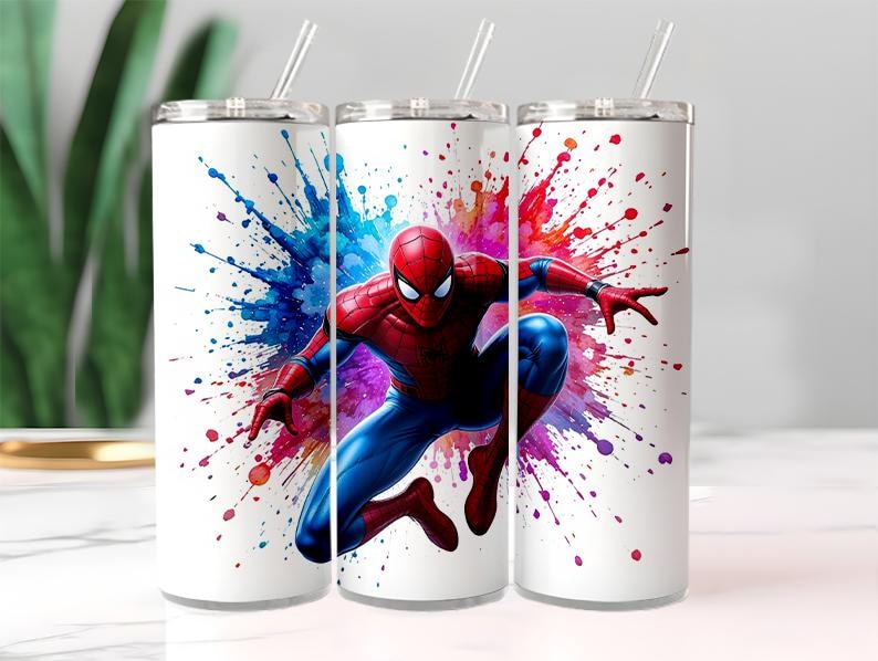 May include: White stainless steel tumblers with a Spider-Man design. The superhero is in his red and blue suit, set against a colourful splash of paint. Each tumbler includes a clear straw and lid.