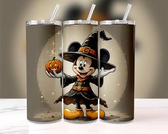 Vaso delgado de Halloween de Disney: taza de calabaza bruja de Mickey Mouse con pajita, aislado de acero inoxidable, regalo de otoño para niños y adultos