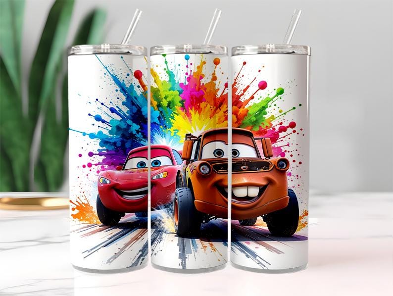 May include: Three white stainless steel tumblers with a colorful design featuring the characters Lightning McQueen and Mater from the movie Cars. Each tumbler has a straw and a vibrant splash of paint.
